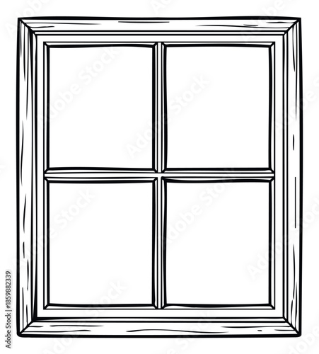 Simple window frame with four distinct panes featuring a rustic handdrawn aesthetic, suitable for architectural layouts or home decor visual applications.