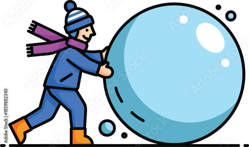A cheerful cartoon character in a blue winter coat and beanie pushing a giant snowball.