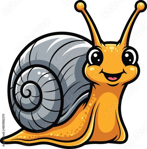 A cheerful cartoon snail with a yellow body a shiny grey spiral shell and a friendly smiling face.