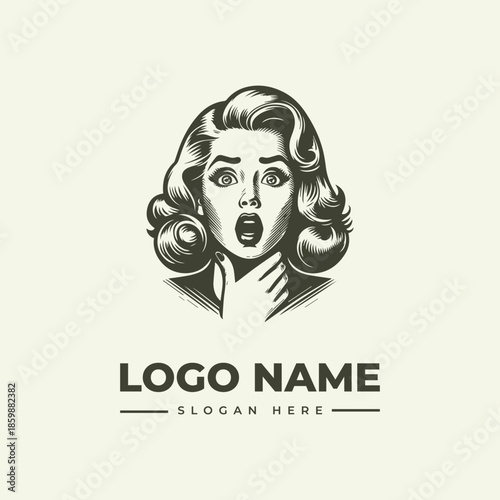 A black and white illustration of a shocked woman's head with a logo name and slogan on a plain background, featuring a vector-style graphic design element.