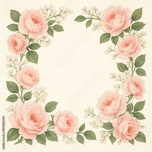 Vintage Inspired Flower Border Beautiful Floral Frame Featuring Soft Pink Roses and Green Leaves