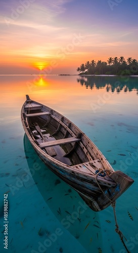 Serene wooden boat on calm waters.