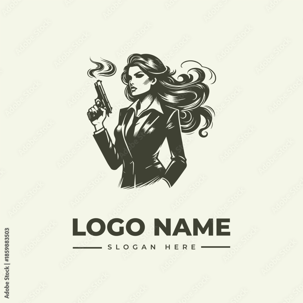 Fototapeta premium A bold illustration of a woman holding a smoking gun, with flowing hair and a blazer, set against a clean background with space for a logo name and slogan.