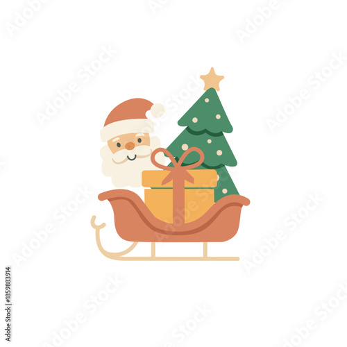 Cheerful Santa, sleigh, Christmas tree, gift. Simple minimalistic flat illustration for Christmas concepts. winter holidays. Vector illustration.