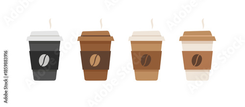 Set of colored paper cups with coffee to go. Hot drink, coffee beans. Icons on white background. Vector illustration.