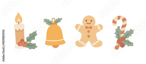 Set of Christmas icons, holly leaves, bell, candle, candy cane, cookies. For winter holiday and decoration concepts. Vector illustration.