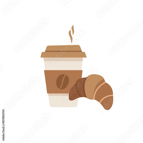 Paper cup of hot coffee with croissant on white background. Flat graphic for cafe, shop concepts. Tasty breakfast. Vector illustration.