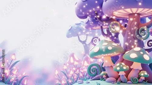 Magical Wonderland Surreal 3D Cartoon Landscape with Luminous Fungi and Flora