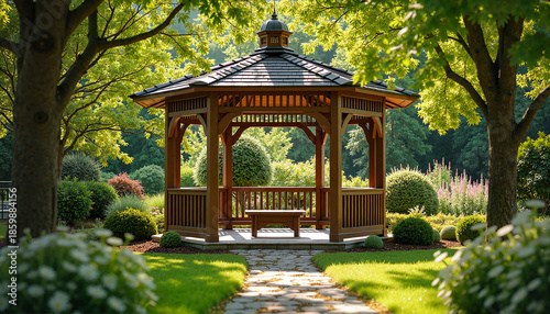 Wooden gazebo surrounded by greenery in a sunny garden  