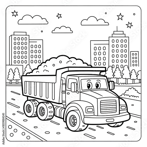 Cartoon Dump Truck Coloring Page in a Cityscape: Black and White Outline Drawing for Kids' Creative Fun and Education