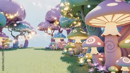 Dreamy 3D Cartoon Forest Whimsical Glowing Mushroom Landscape with Sparkling Enchantment