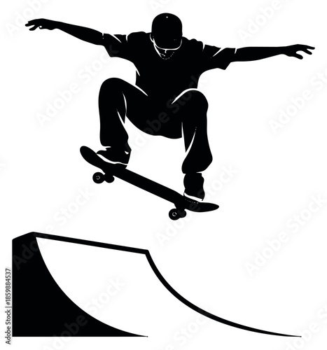 Silhouette illustration of a skateboarder depicting an aerial jump for extreme sport promotion