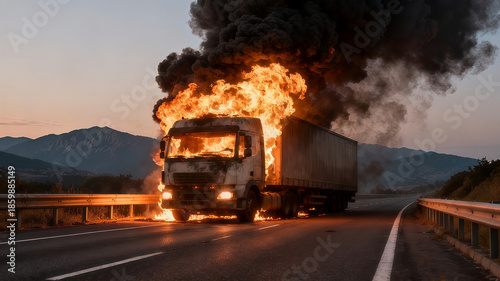 Wallpaper Mural Photorealistic image of a large semi-truck engulfed in flames on a highway, with thick black smoke billowing into the sky. Torontodigital.ca