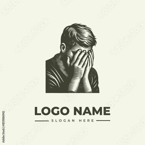 A grayscale illustration of a man covering his face with his hands, with a placeholder logo name and slogan on a plain background, in a vector graphic style.