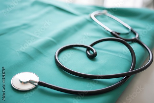 Professional black stethoscope lying on a clean green medical surgical drape in a hospital setting