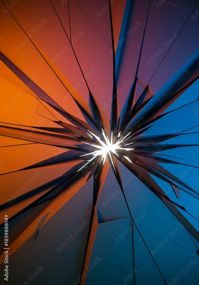 Obraz premium Dynamic visualization of fractured geometry, featuring sharp, disjointed forms and intricate separation on a colorful background, futuristic, edge, fragmented