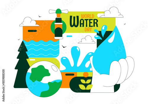 World Water Day Vector Illustration Featuring Waterdrops, Taps, Plus Messages Encouraging Earth Protection And Freshwater Management Background