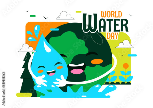 World Water Day Vector Illustration Featuring Waterdrops, Taps, Plus Messages Encouraging Earth Protection And Freshwater Management Background