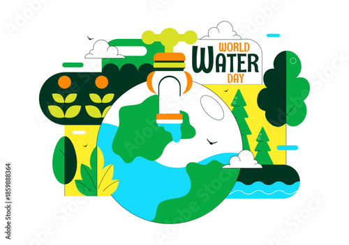 World Water Day Vector Illustration Featuring Waterdrops, Taps, Plus Messages Encouraging Earth Protection And Freshwater Management Background