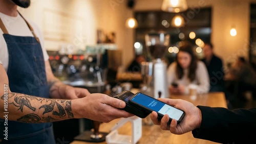  Instant payment NFC concept. Instant Payment Using NFC Technology in Urban Cafe Setting Reflects Modern Lifestyle and Vibrant Culture