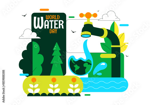World Water Day Vector Illustration Featuring Waterdrops, Taps, Plus Messages Encouraging Earth Protection And Freshwater Management Background