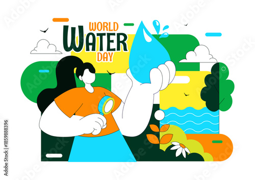 World Water Day Vector Illustration Featuring Waterdrops, Taps, Plus Messages Encouraging Earth Protection And Freshwater Management Background