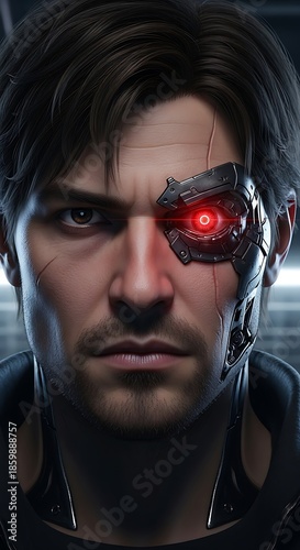 Cybernetic man with red eye closeup.