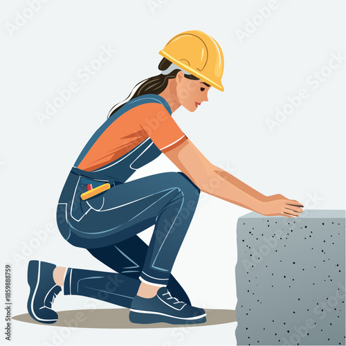 A woman in overalls and a hard hat crouches beside a large concrete block