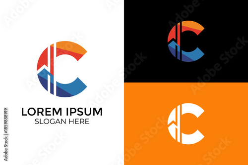 Modern abstract letter C logo design with mountain and building silhouette. Creative monogram for real estate, construction, outdoor adventure, and architectural business identity