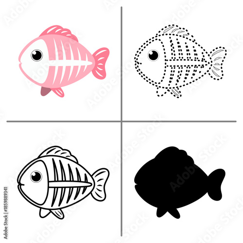 Cute x ray fish clipart set for kids, cartoon bear animal in color outline dotted and silhouette styles, on white background