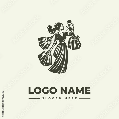 A minimalist logo illustration of a woman holding shopping bags and a child in a simple, iconic style with a clean white background.