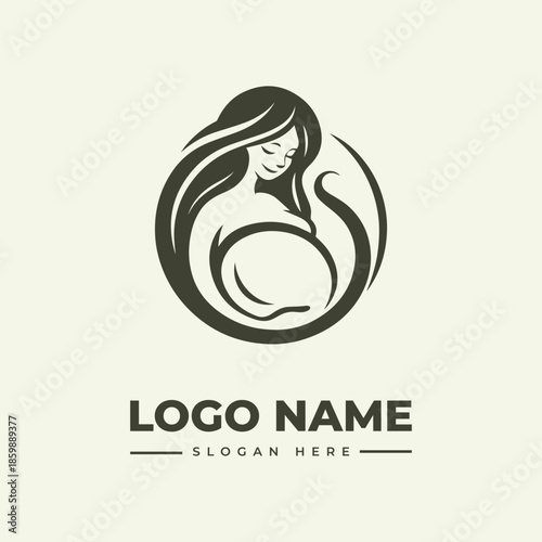 A minimalist logo illustration of a pregnant woman with long hair in a circular design, accompanied by a placeholder logo name and slogan on a plain background.