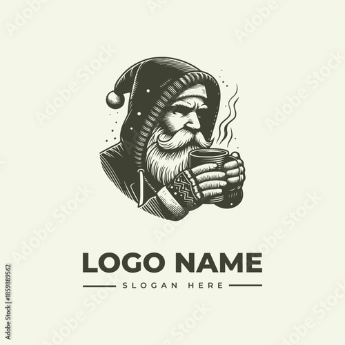 Monochromatic illustration of a bearded man in a Santa hat holding a steaming mug with a logo placeholder text on a plain background.