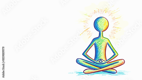 A serene vector illustration of a woman in a yoga lotus pose meditating to find zen and spiritual peace, featuring a silhouette symbol of health, relaxation, and balanced chakra energy