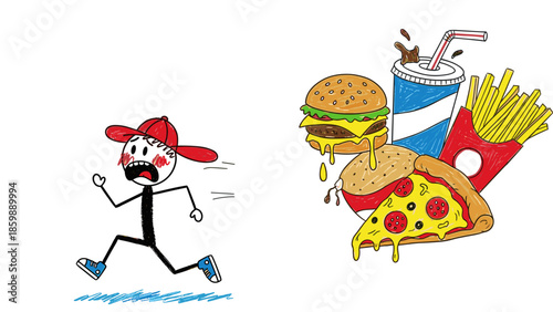 Anxious stick figure running away from a tempting pile of unhealthy fast food items, symbolizing the internal struggle and the choice for a healthier lifestyle and diet avoidance