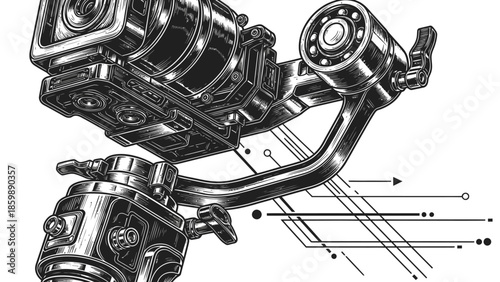 Intricate monochrome illustration of an advanced mechanical joint, showcasing precision-engineered gears and bearings, representing futuristic robotic systems and dynamic machine articulation