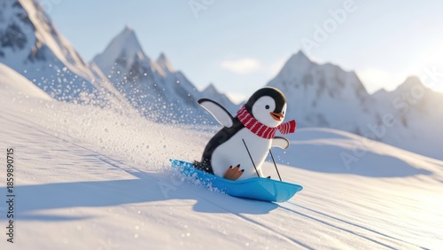 Winter fun with a joyful penguin sledding downhill in a bright snowy landscape for winter and