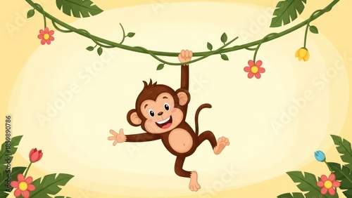 Cheerful monkey swinging on jungle vine in a whimsical illustration design