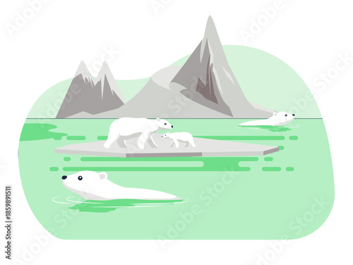 Polar bears in their natural Arctic habitat. Ecosystem vector illustration. Flat illustration concept.