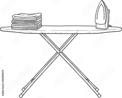A black and white line art illustration of a classic ironing board with an upright iron and a neat stack of folded laundry.
