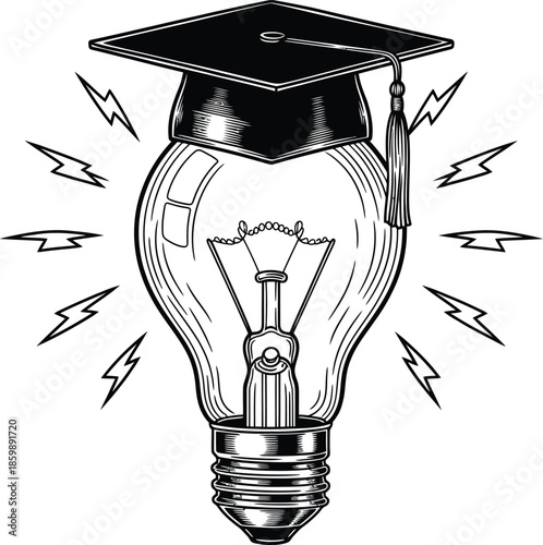 A black and white line art illustration of a glowing light bulb wearing a graduation mortarboard cap.