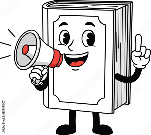 A cheerful cartoon book mascot with a happy face holding a red megaphone and pointing a finger upwards.