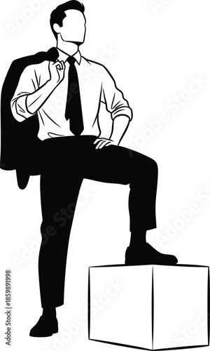 A confident faceless businessman in a power pose holding his jacket over his shoulder.