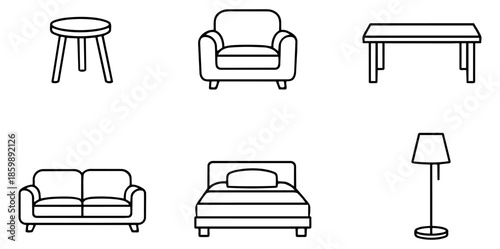 Minimal line art furniture icon set featuring common household furnishings for interior design projects