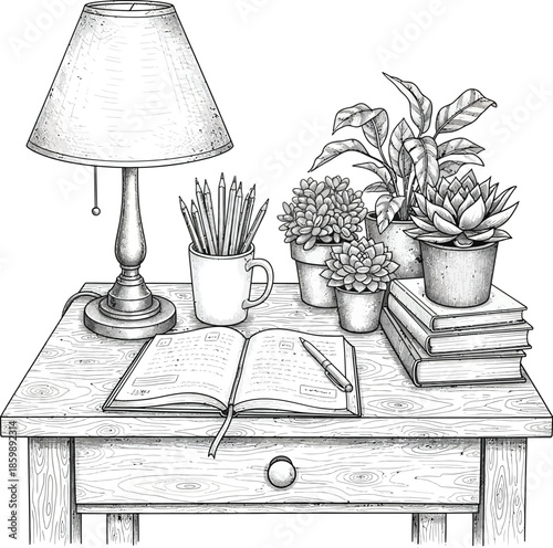 A detailed line art illustration of a cozy desk scene with a lamp potted succulents and an open journal.