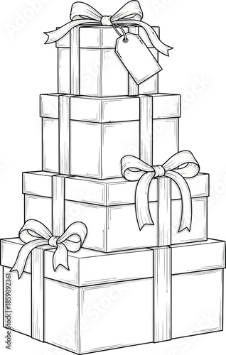 A handdrawn black and white sketch of four stacked gift boxes with decorative ribbons bows and a tag.