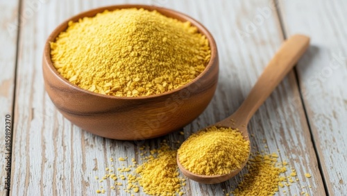 Nutritional yeast in wooden bowl. Turmeric powder in wooden bowl and spoon on wooden table