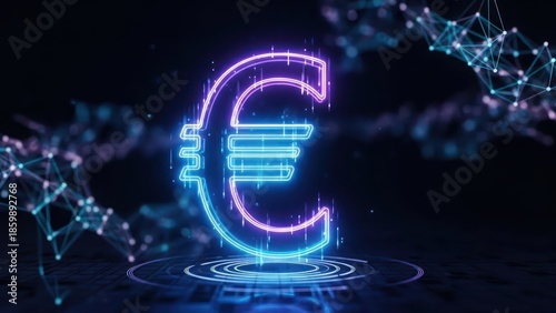 Digital euro currency symbol illuminated with futuristic neon lights and network connection