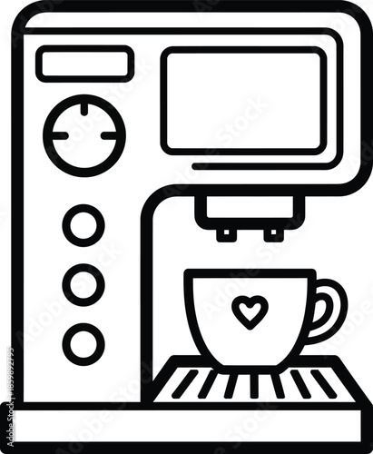 Black and white line art icon of a modern espresso machine with a control panel and a cup with a heart.