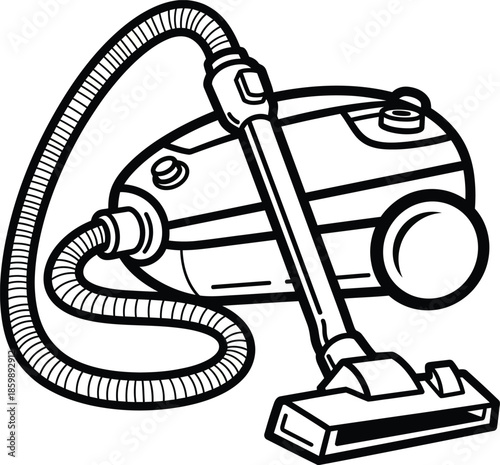 Black and white line art illustration of a classic canister vacuum cleaner with a flexible hose and wheeled body.